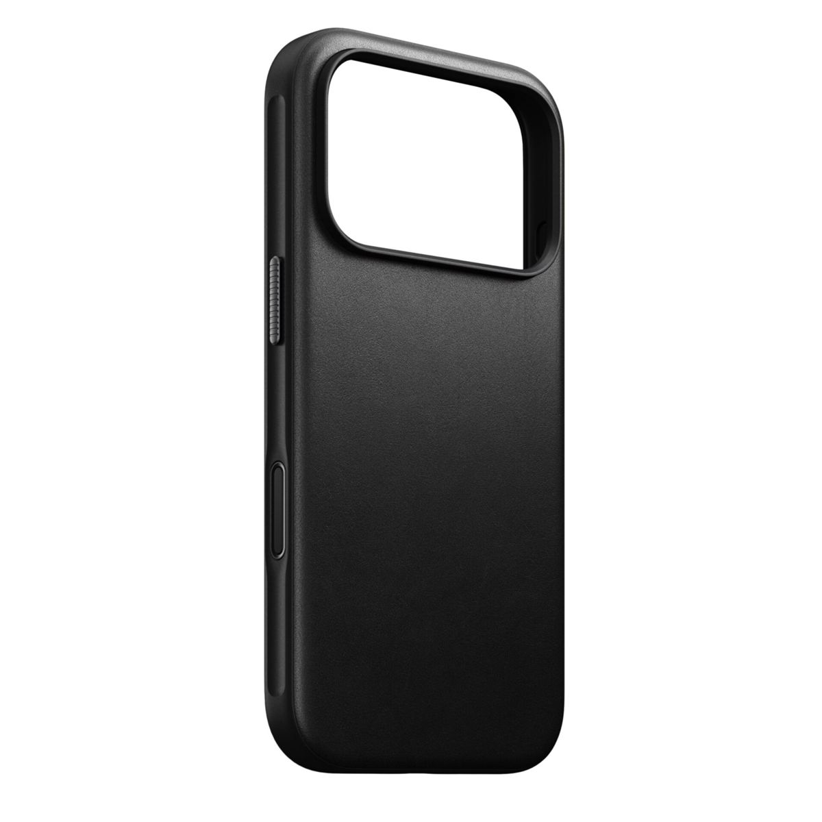 Una custodia per telefono nera con un grande ritaglio per la fotocamera sul lato destro.