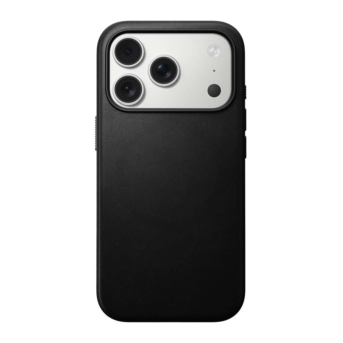 Custodia nera per smartphone con finitura testurizzata e modulo fotocamera argentato.