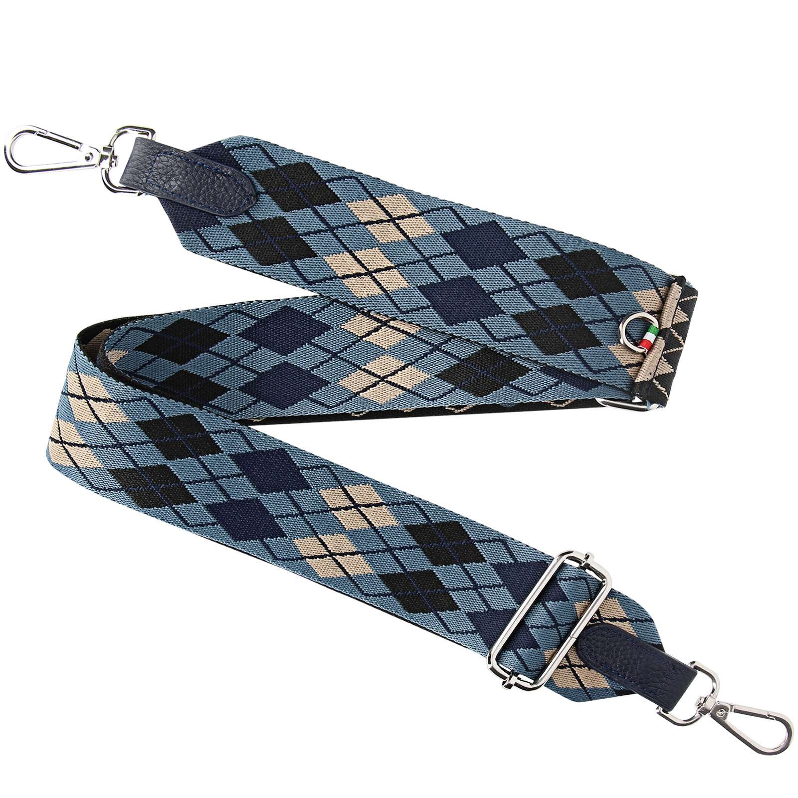 Tracolla blu con motivo argyle, dettagli in pelle e moschettoni.