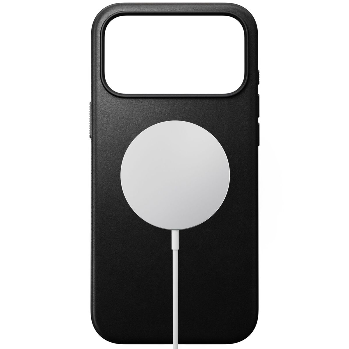 Cover nera per telefono con cavo di ricarica bianco e magnete rotondo.