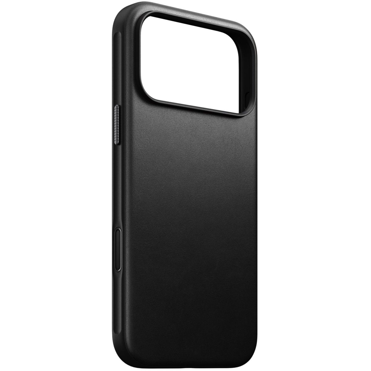Custodia nera per telefono con ritagli per fotocamera e pulsanti.