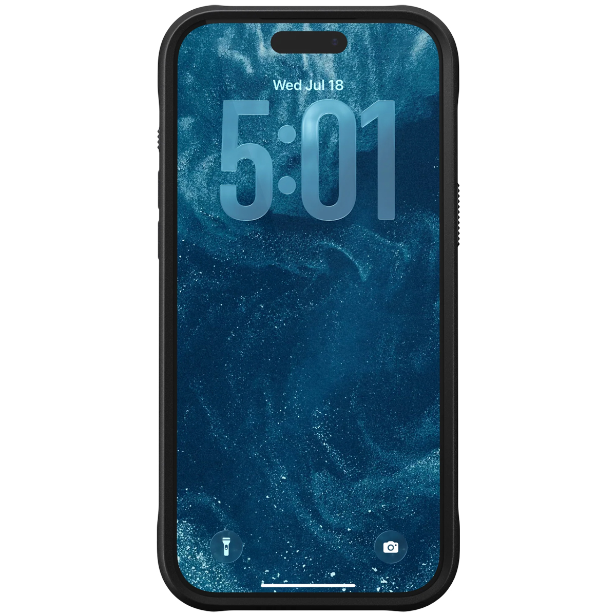 Uno smartphone nero mostra le 5:01 con uno sfondo scuro e vorticoso.