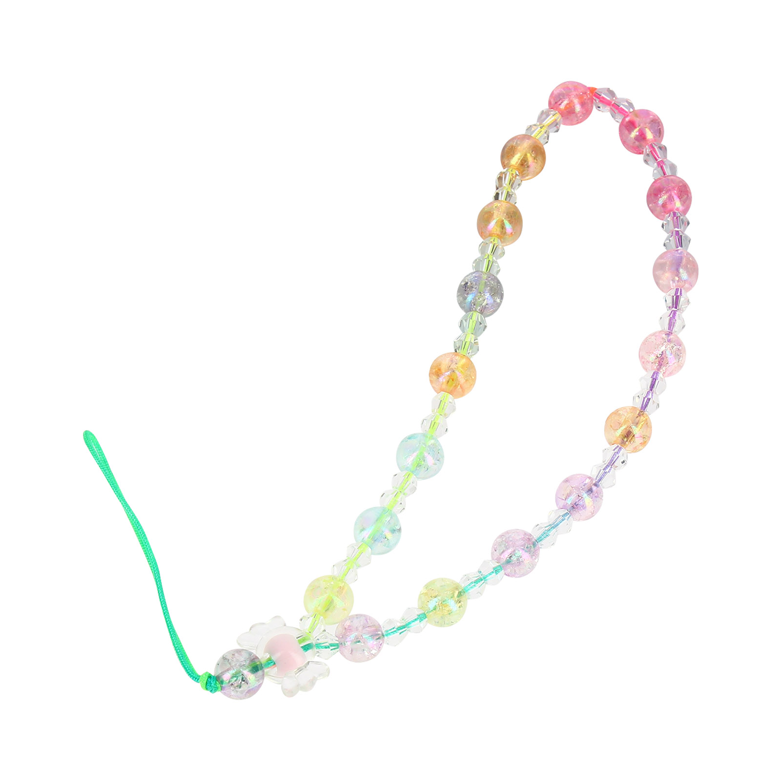 Collana di perline colorate con cordino verde e un piccolo ciondolo bianco.