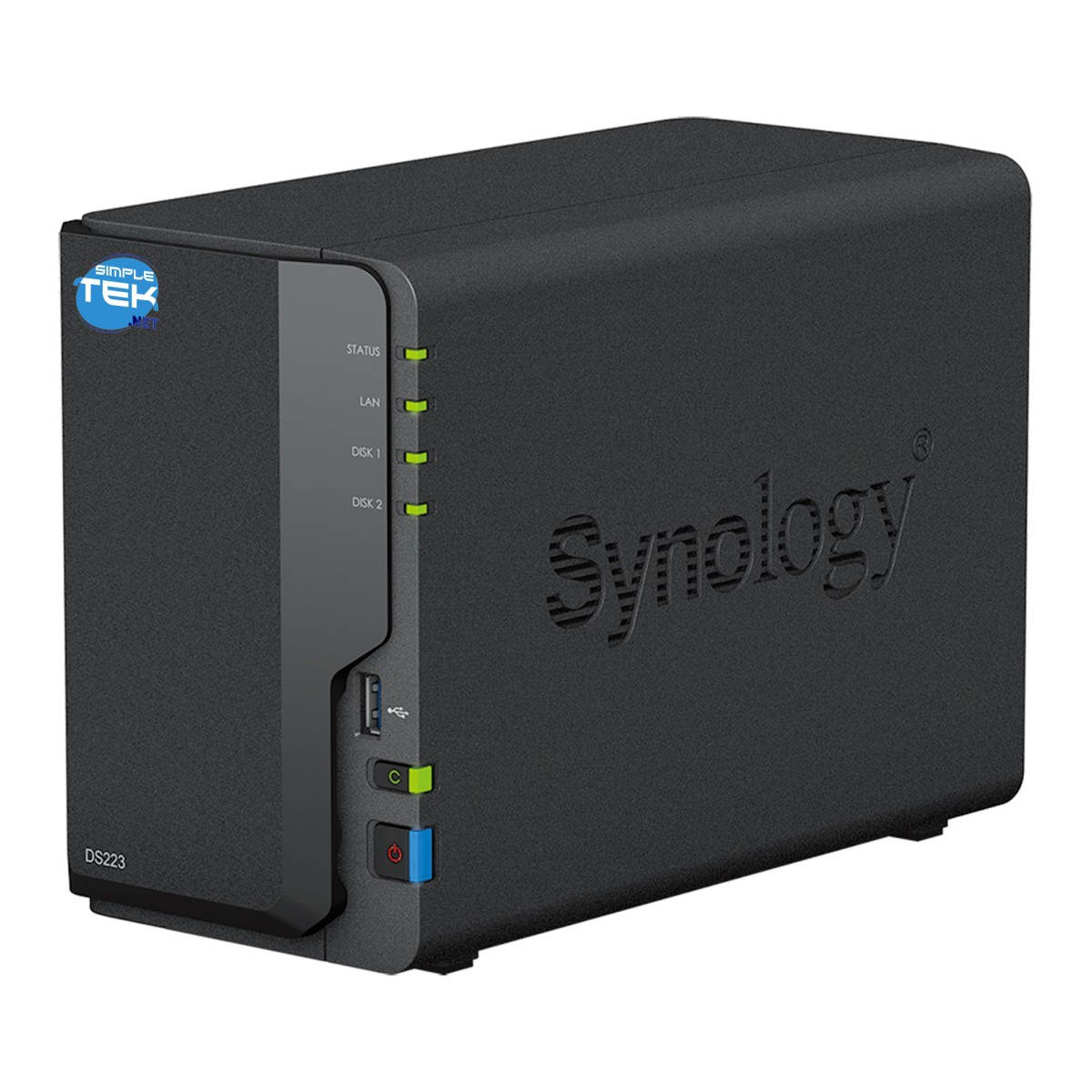 Dispositivo NAS Synology DS223 nero con luci di stato, porta USB e pulsante di accensione.