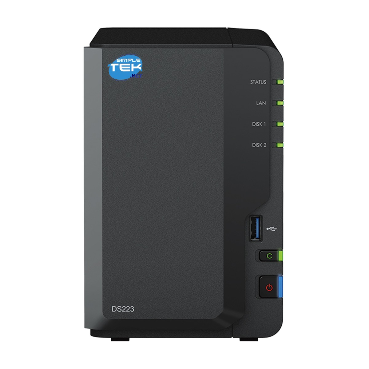 Un dispositivo NAS Simple Tek DS223 nero con luci di stato, LAN, Disco 1 e Disco 2 accese.