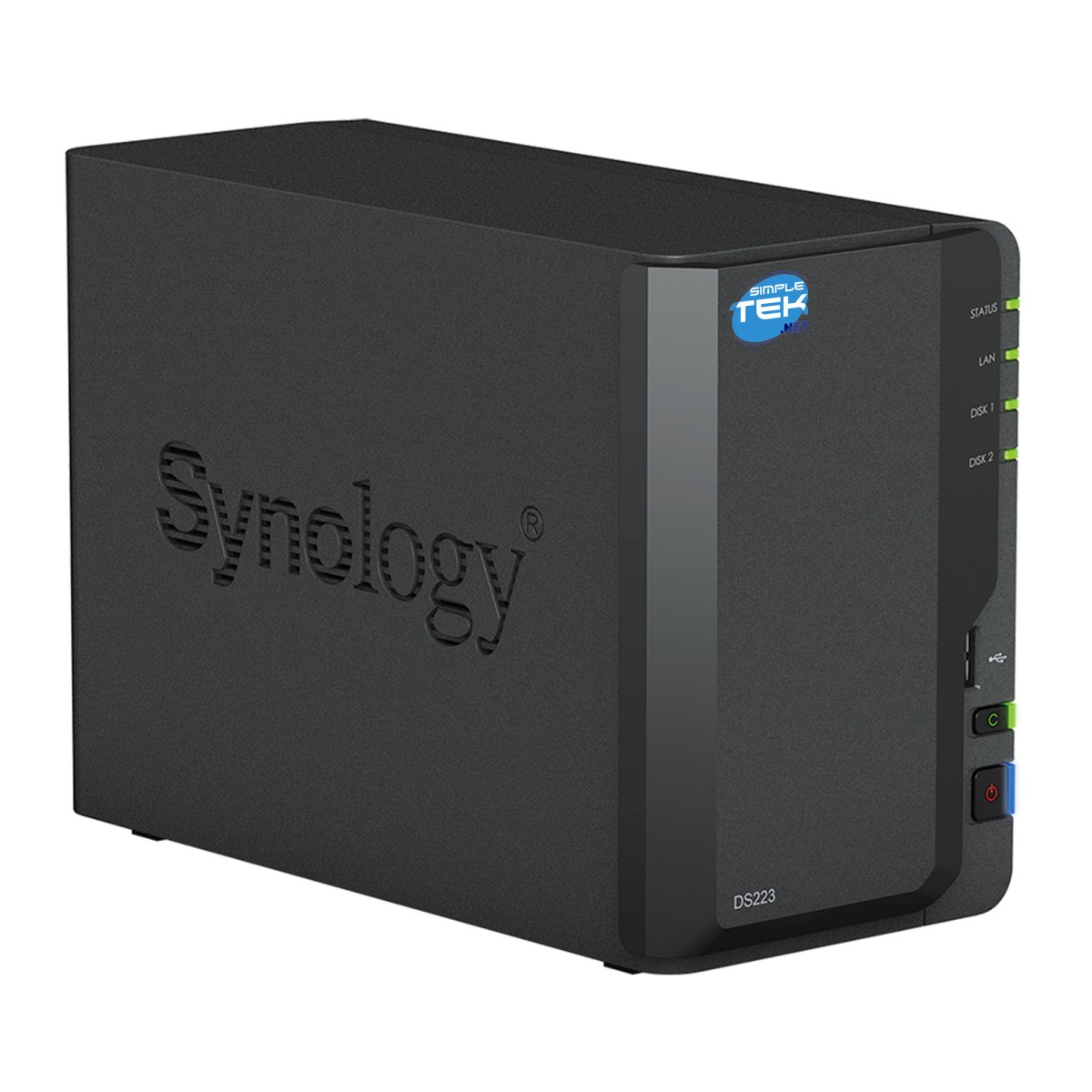 Dispositivo NAS Synology DS223 nero con logo 'Synology' in rilievo sul lato.