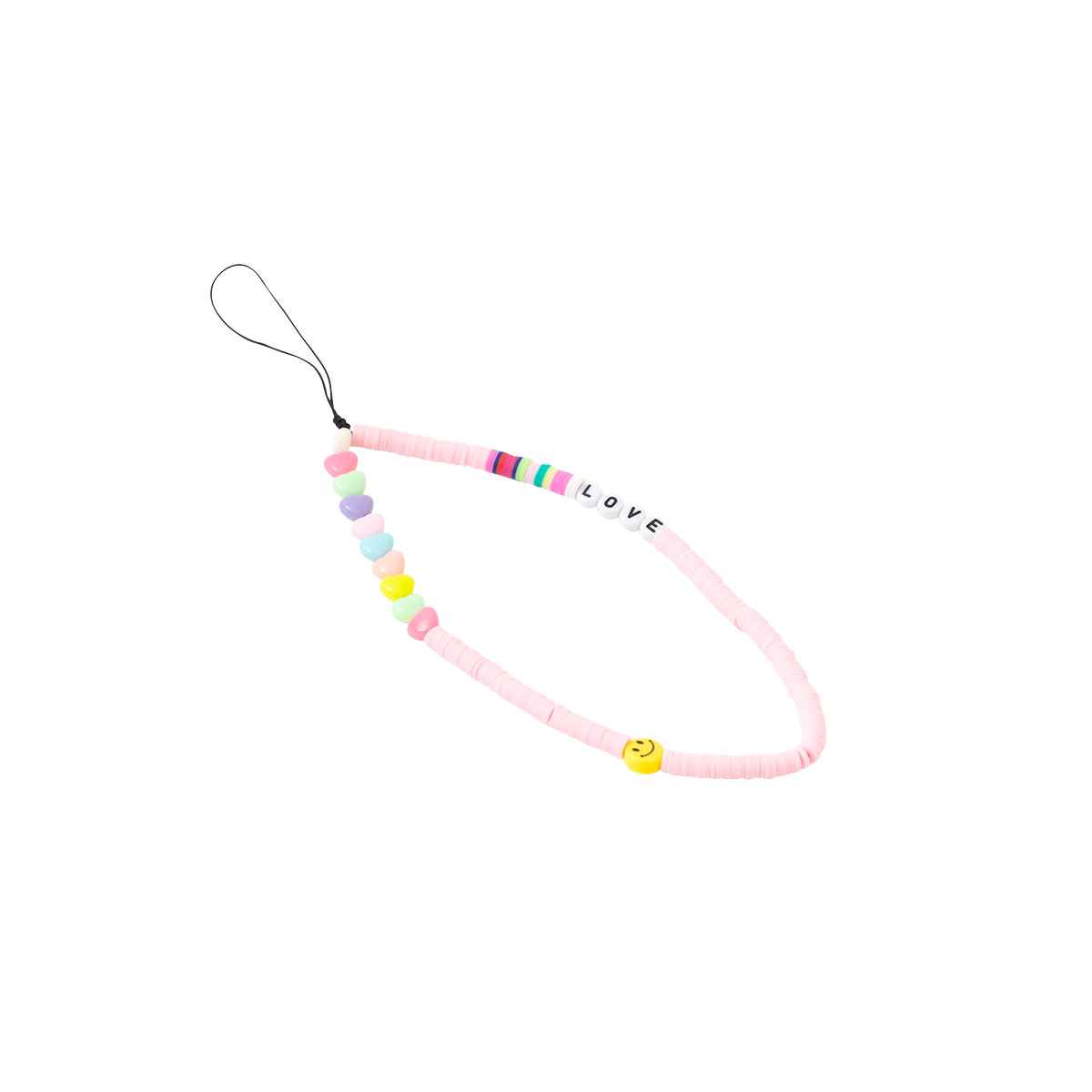 Pinke Perlen-Handy-Schlaufe mit Herzperlen, Buchstaben 'LOVE' und einem Smiley-Anhänger.