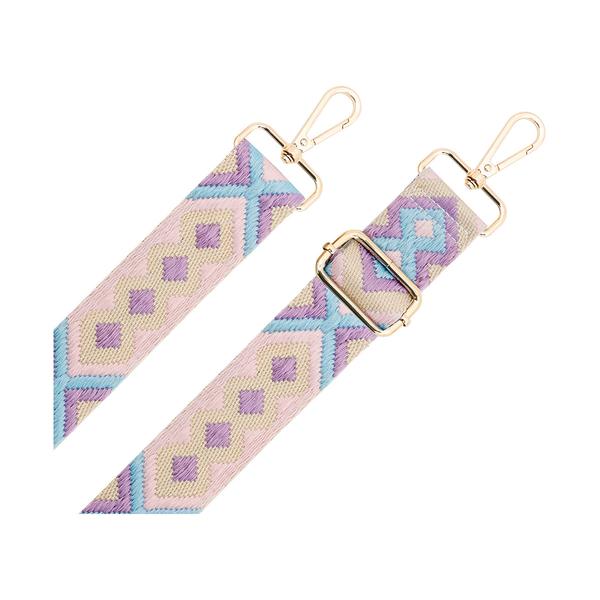 Due tracolle per borsa con motivo geometrico rosa, blu e viola con hardware dorato.
