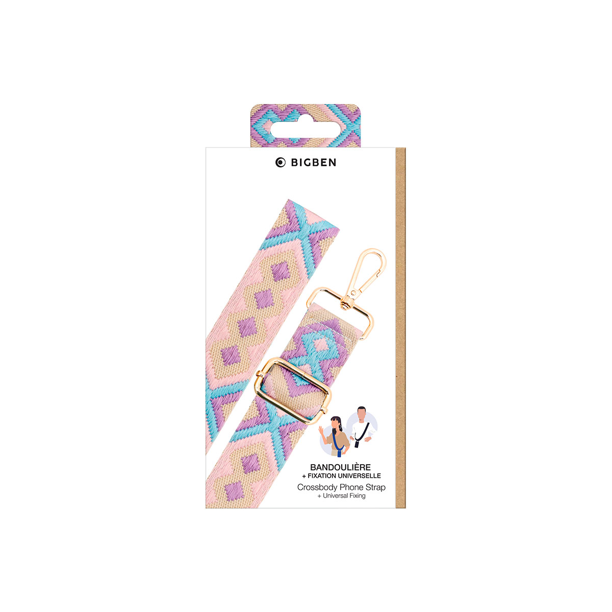 Una tracolla per telefono a tracolla fantasia in rosa, viola e blu con hardware dorato sulla confezione.