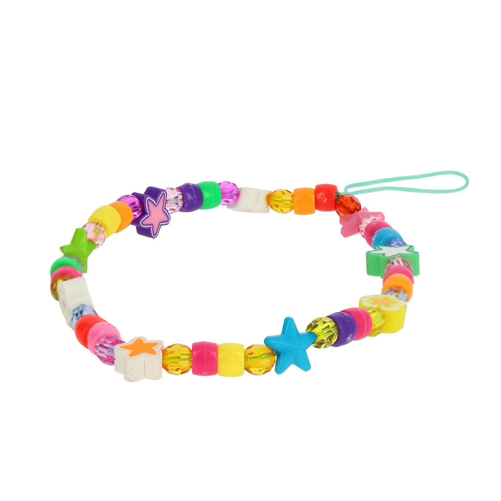 Un braccialetto colorato di perline con ciondoli a forma di stella e fiore, su sfondo bianco.