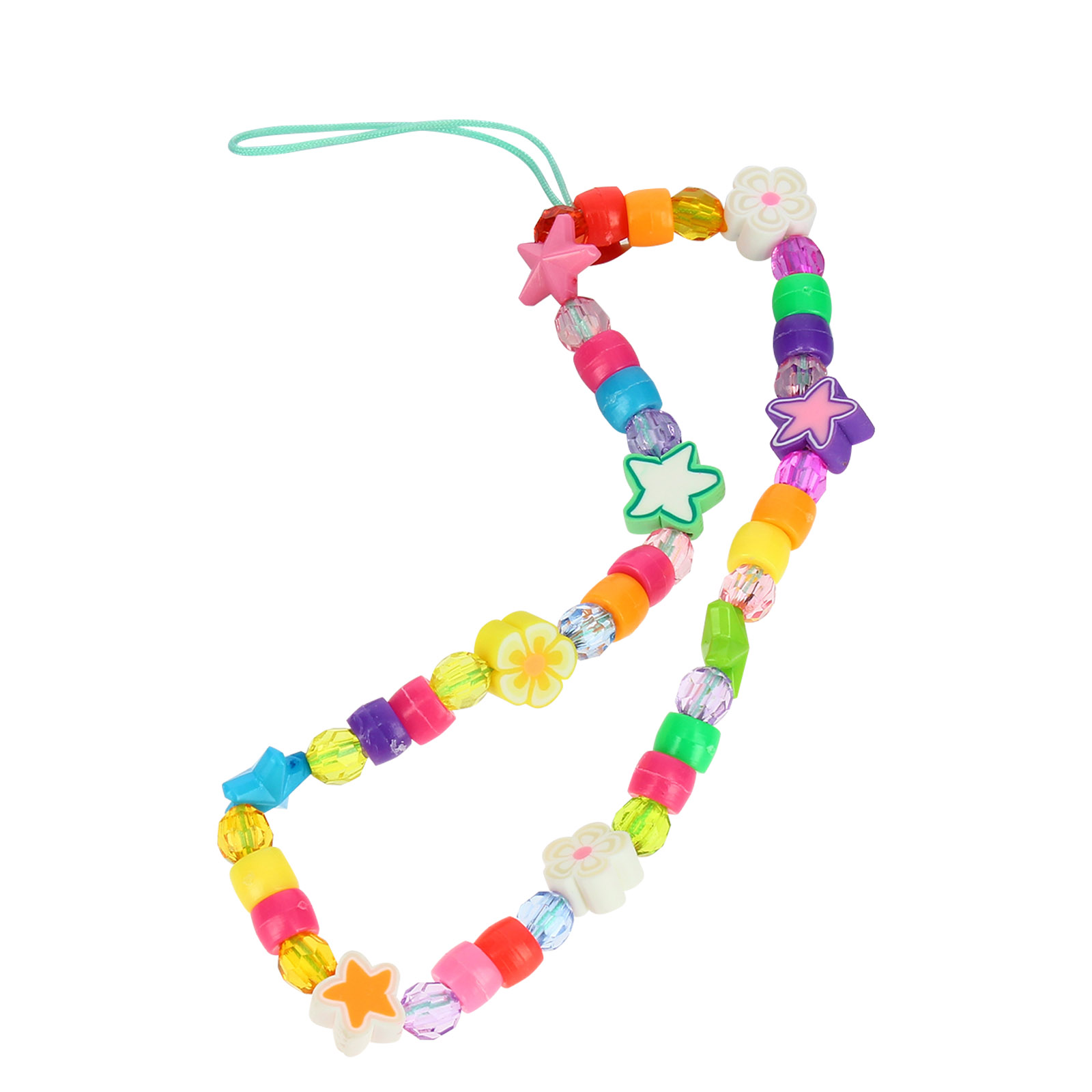 Braccialetto di perline colorate con ciondoli a forma di stella e fiore e filo turchese.