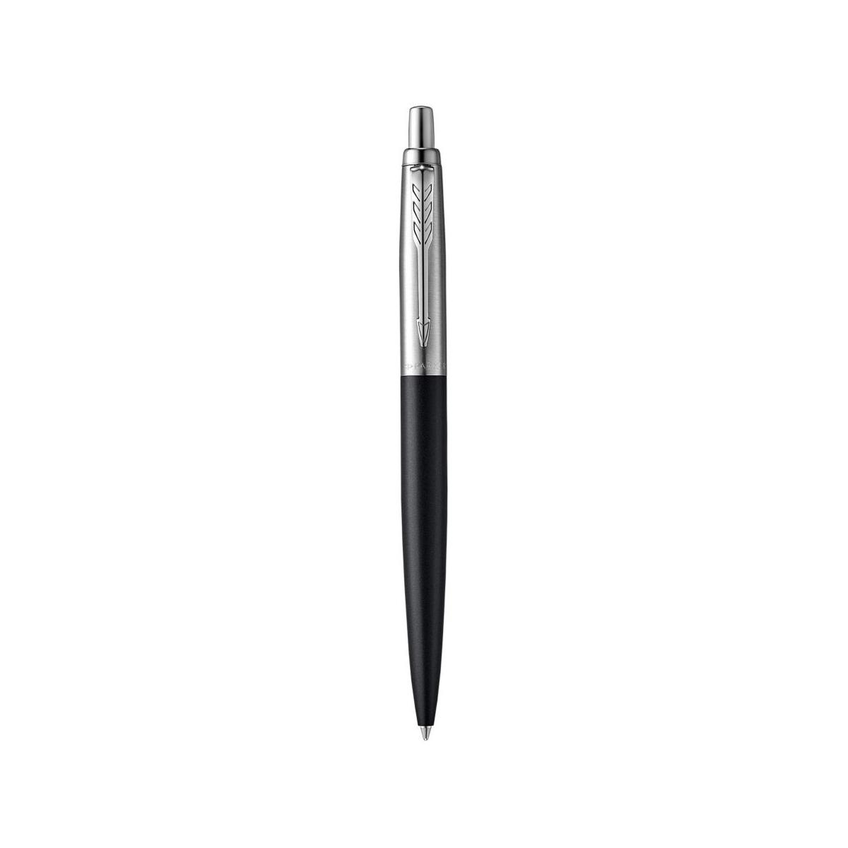 Una penna Parker nera e argento con frecce incise sulla clip argentata.