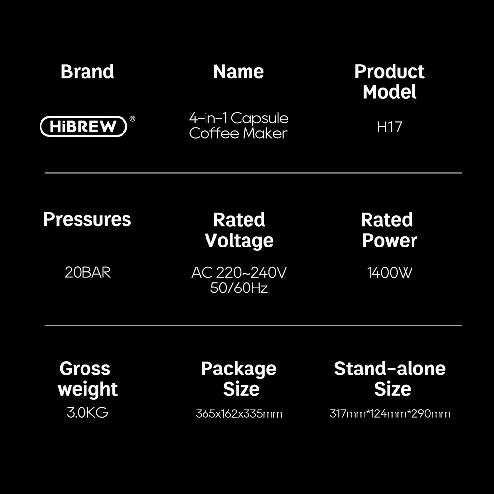 Especificaciones del producto: Cafetera HiBREW 4 en 1, 20BAR, 1400W, 3,0KG. Dimensiones incluidas.