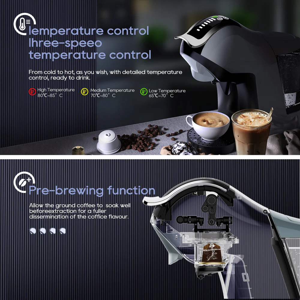 Máquina de café con control de temperatura, función de preinfusión, granos, cápsulas y bebidas.