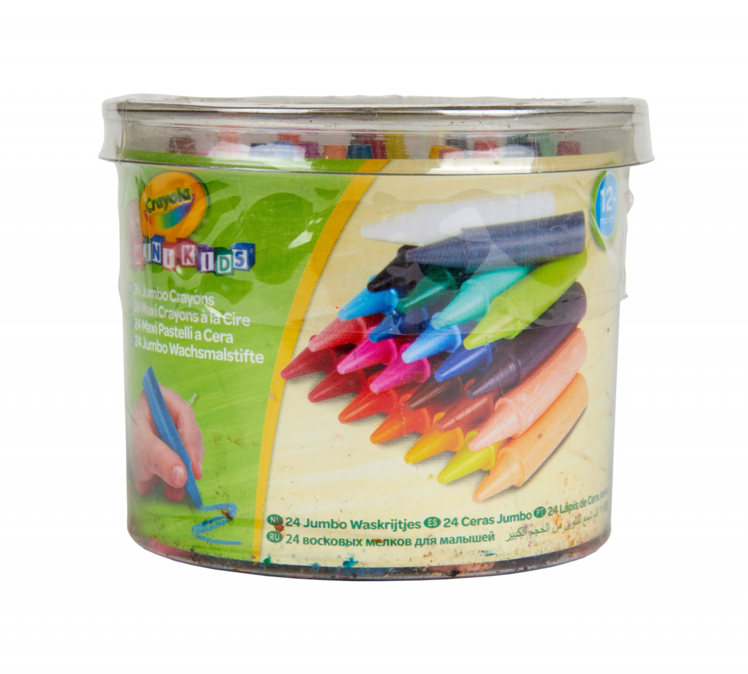 Un barattolo di 24 Pastelli Jumbo Crayola in vari colori, con una mano che disegna.