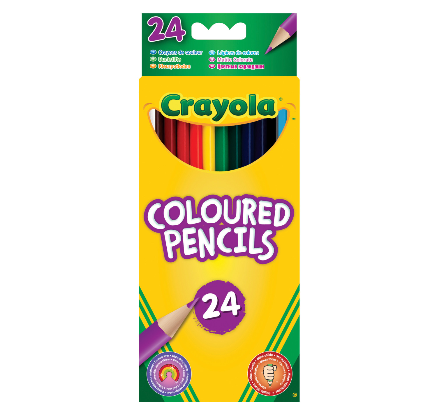 Crayola matite colorate confezione da 24 con accenti viola e verdi.