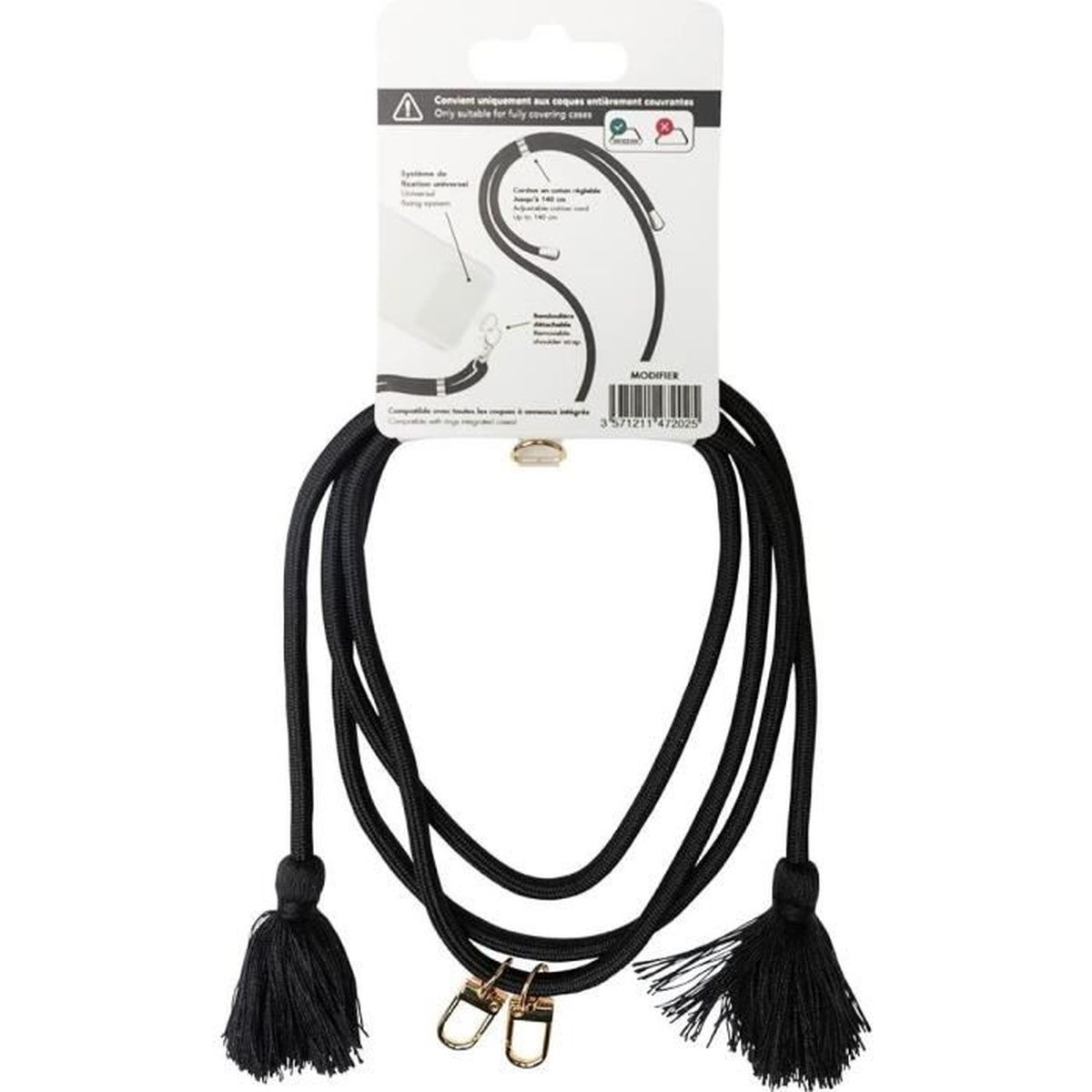 Cinturino da collo nero per telefono con due nappe e chiusure dorate su confezione.