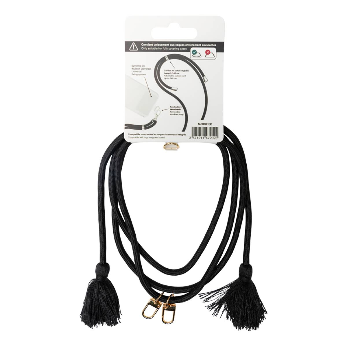 Laccio nero con nappe e clip dorate su confezione. Adatto per custodie completamente coprenti.