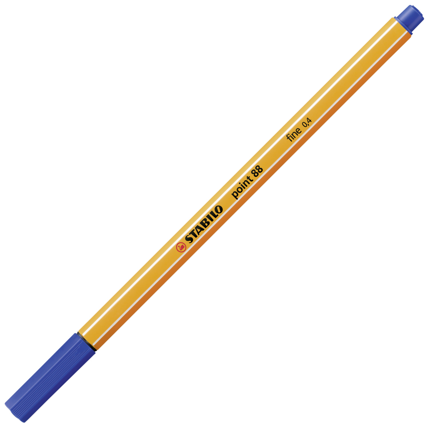 Una penna Stabilo Point 88 fine liner arancione con cappuccio blu e strisce bianche.