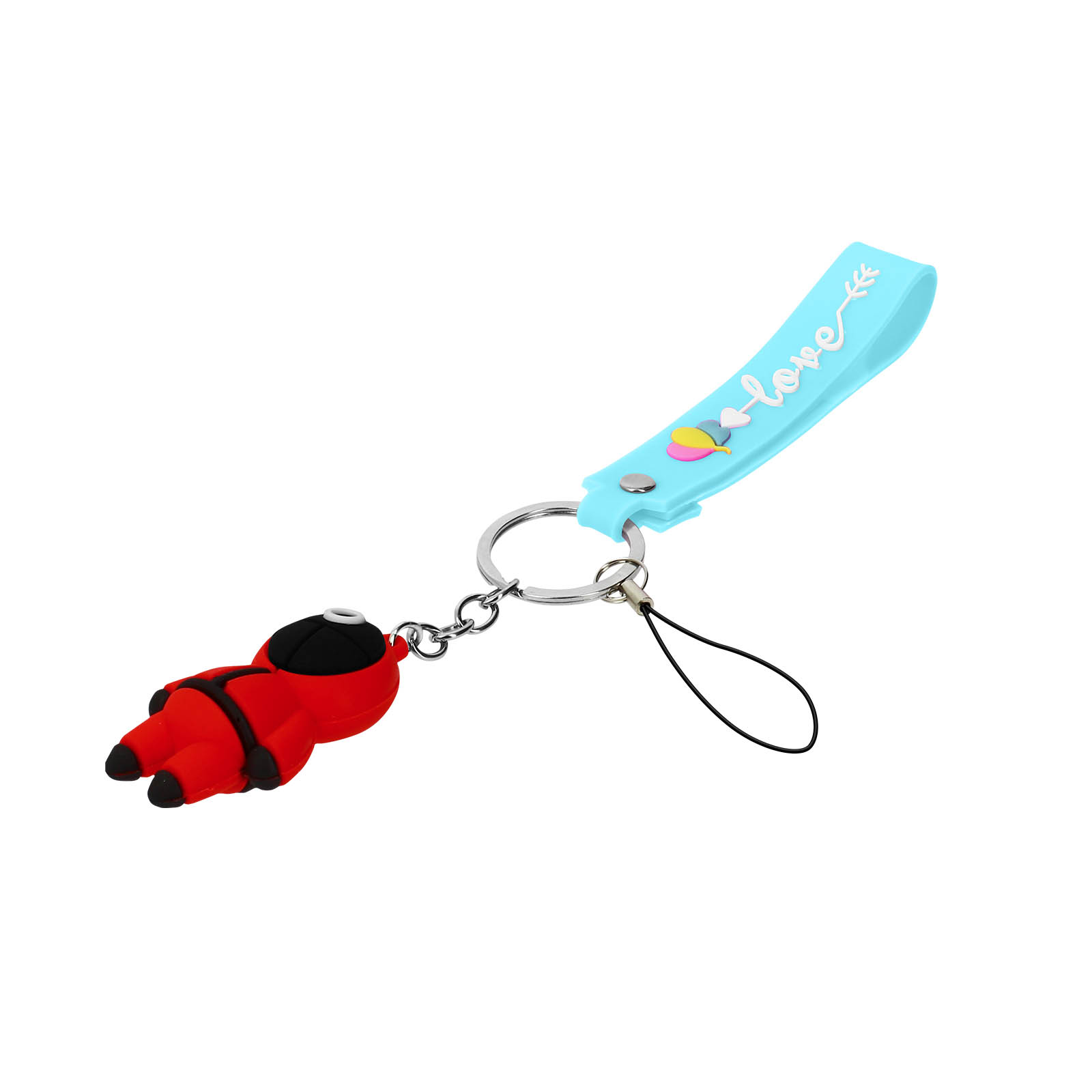 Un portachiavi a forma di personaggio rosso con cinturino blu e la parola "love".