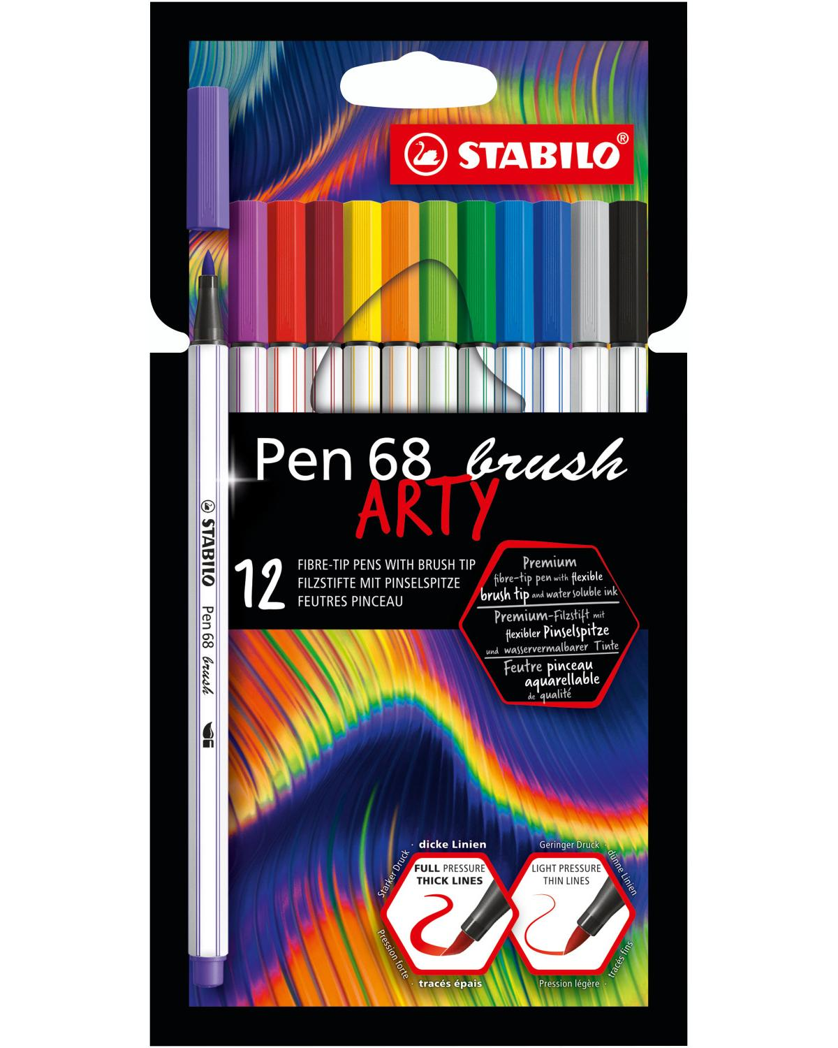 Stabilo Pen 68 brush ARTY pennarelli a fibra, 12 colori mostrati.