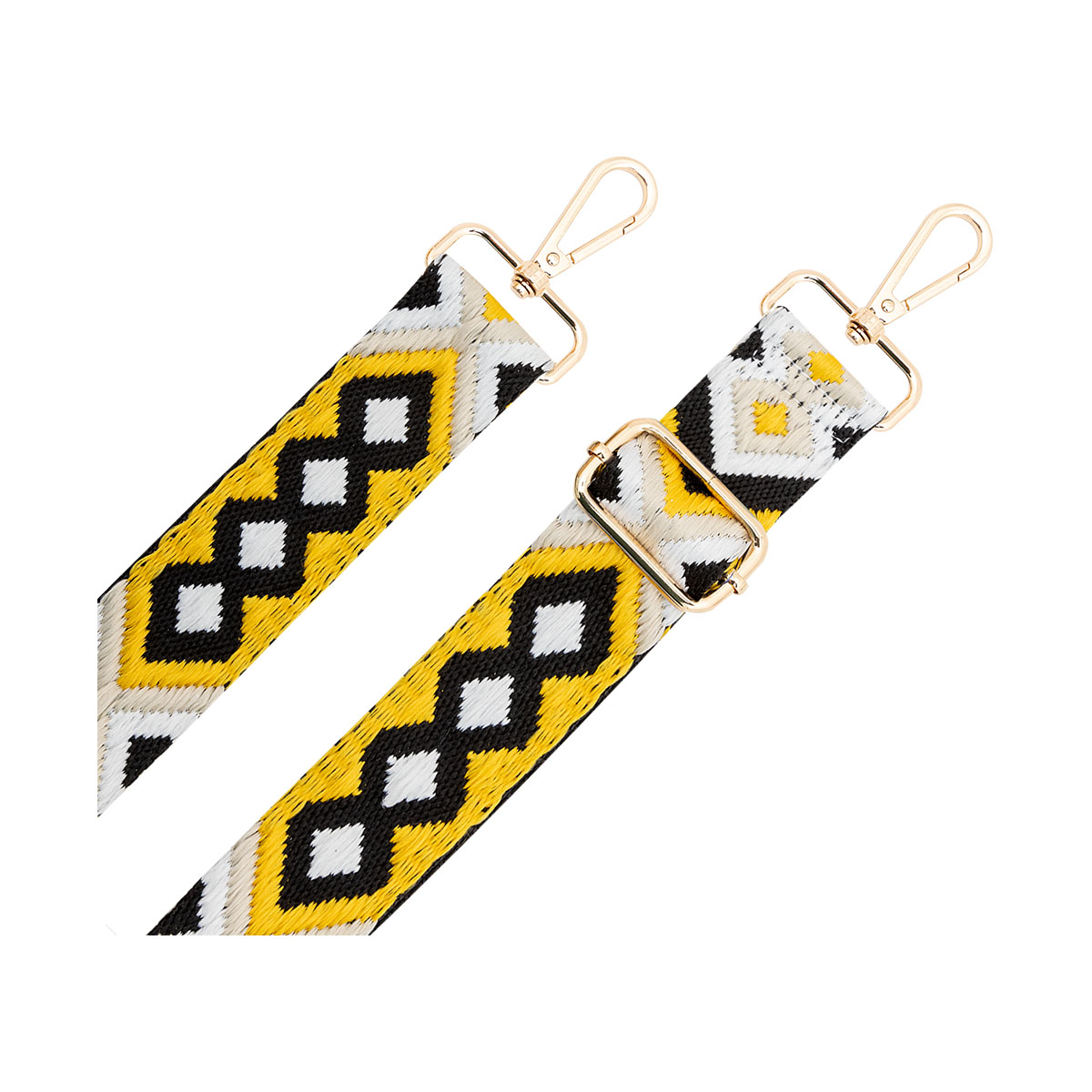 Due cinghie per borsa con motivo a rombi giallo, nero e bianco e chiusure dorate.