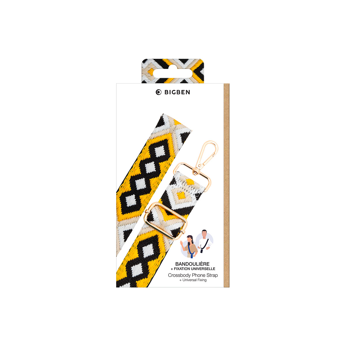Tracolla per telefono con motivo geometrico giallo, nero e bianco, con chiusura dorata.