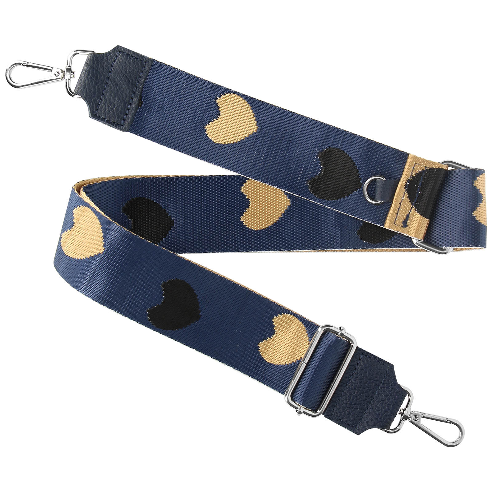 Una tracolla blu con cuori beige e neri, con hardware argentato e accenti in pelle.