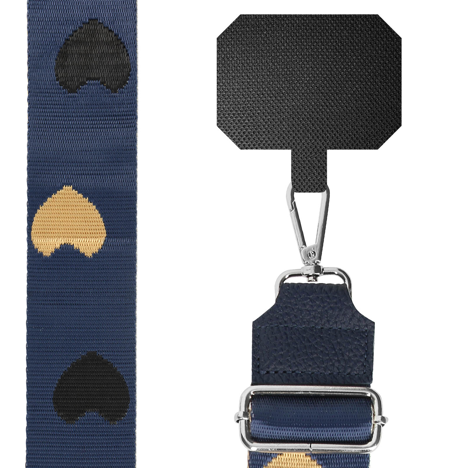 Una tracolla blu navy con cuori neri e dorati e hardware argentato.