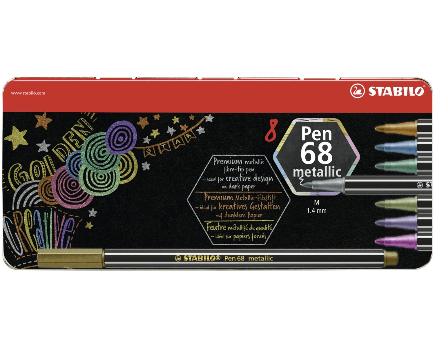 Set Stabilo Pen 68 metallico con 8 penne oro, blu, verde, argento e viola.