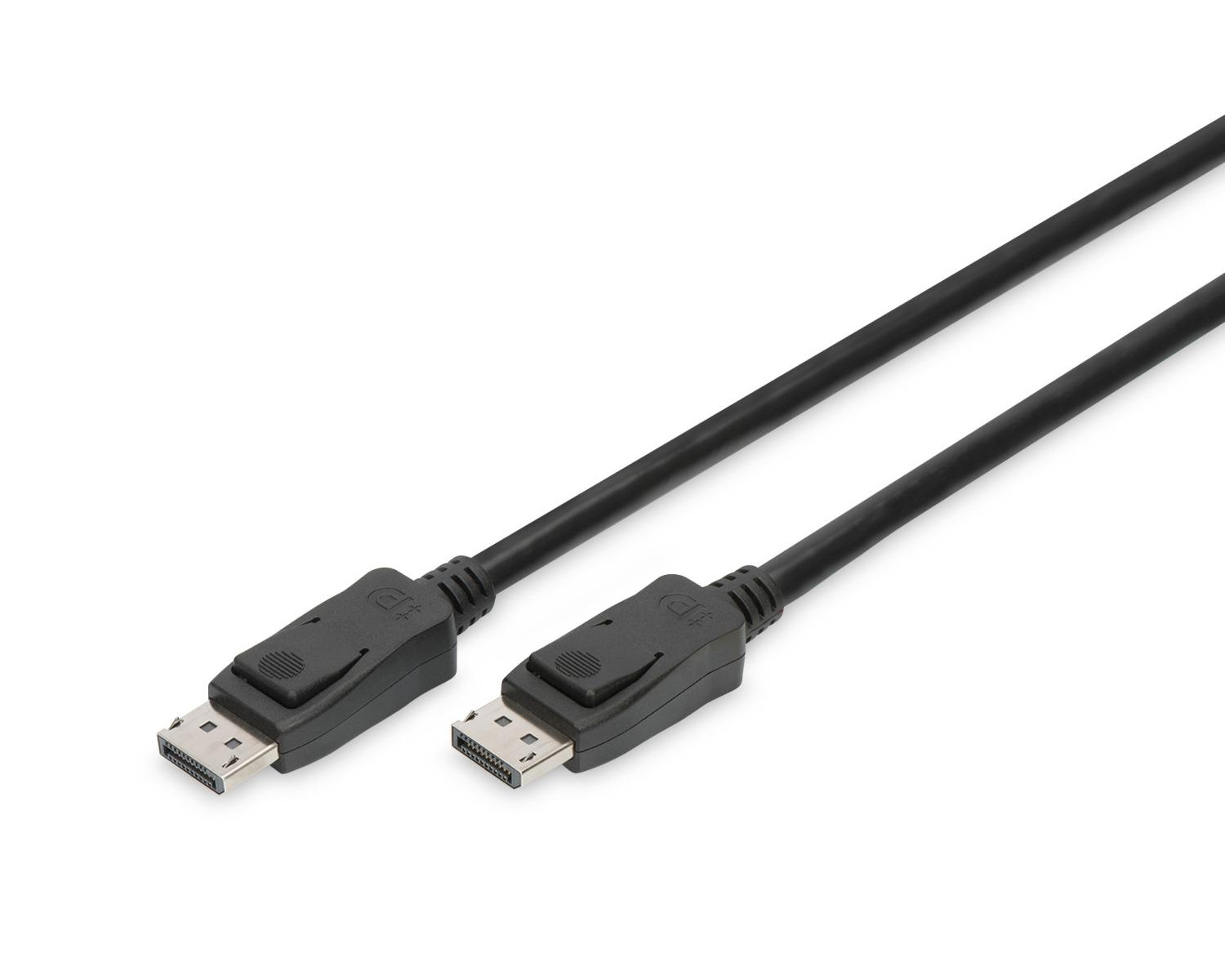 Due cavi DisplayPort neri con connettori su sfondo bianco.
