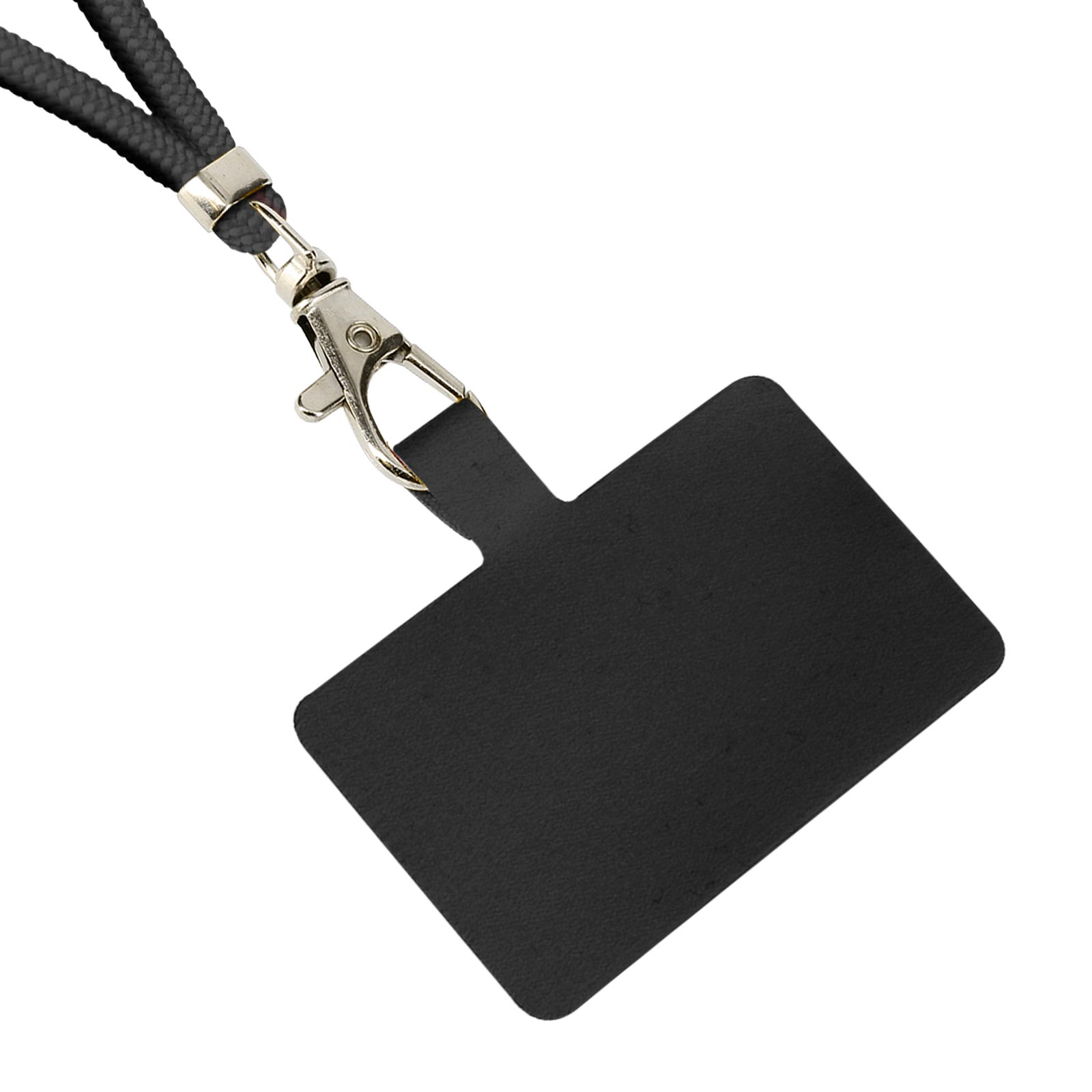 Un cordón negro con clip plateado y accesorio negro plano.