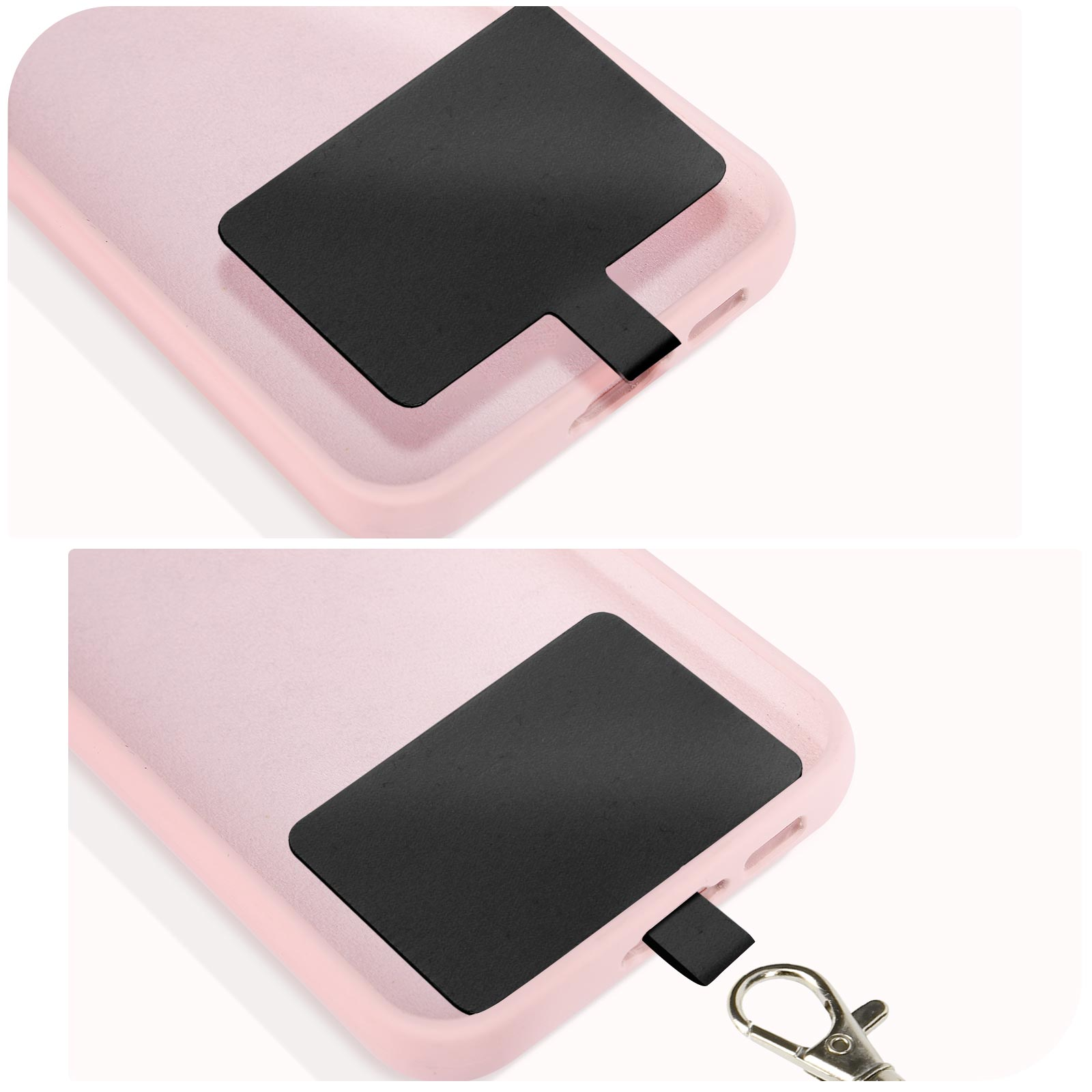 Primer plano de una funda de teléfono rosa con correa negra y enganche para llavero.