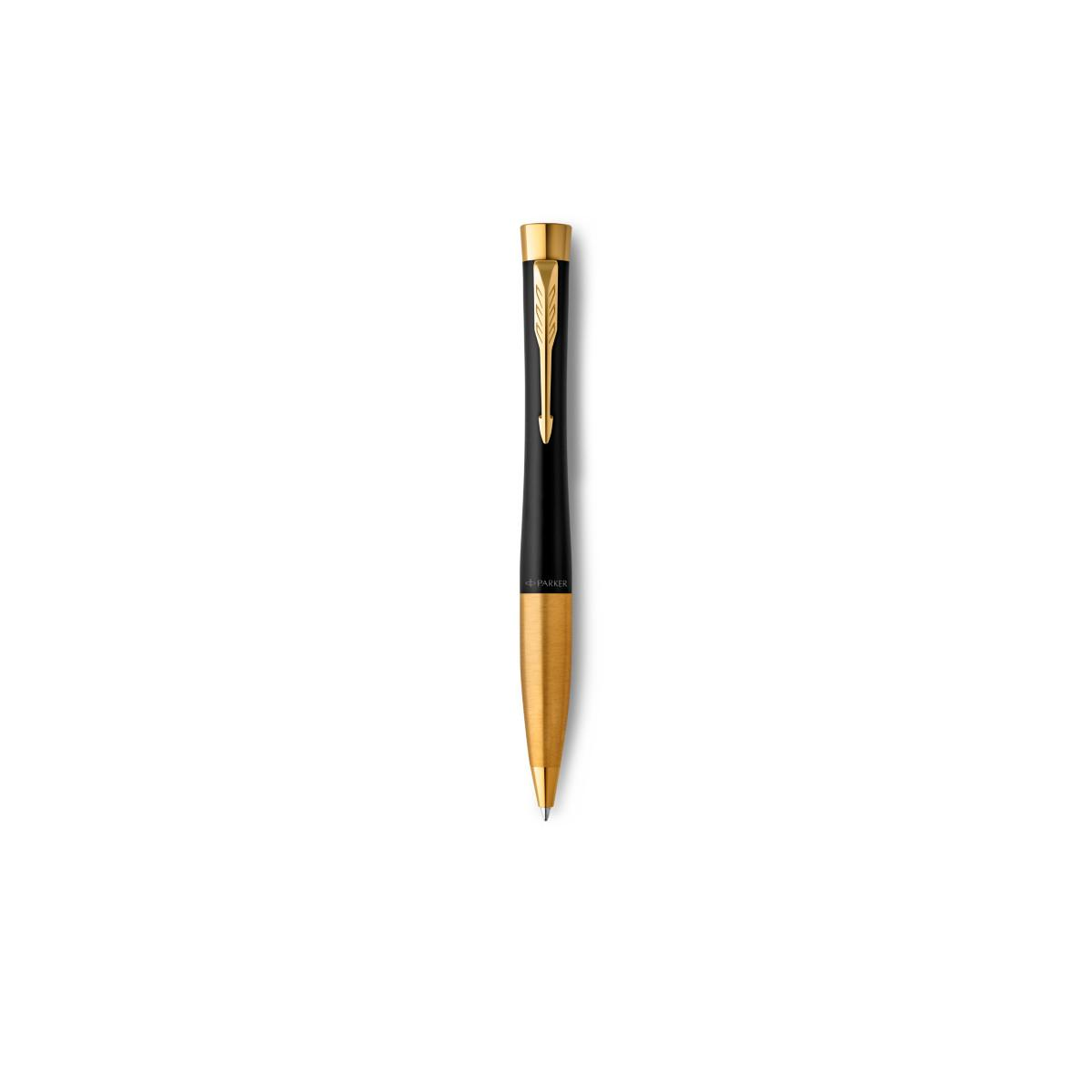 Una penna Parker nera con clip e punta dorate.
