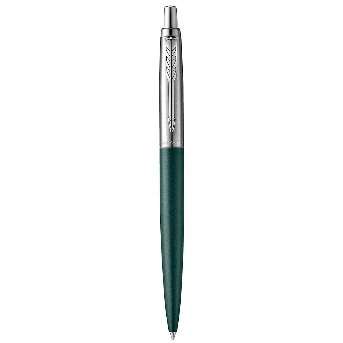 Una penna Parker verde con clip e dettagli argentati.