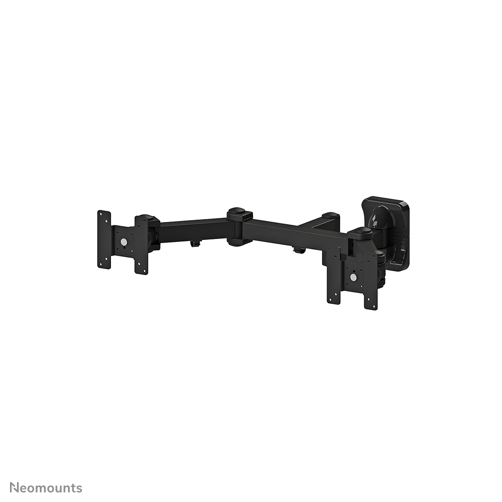 Un bras noir pour double moniteur avec articulations réglables, monté sur fond blanc.