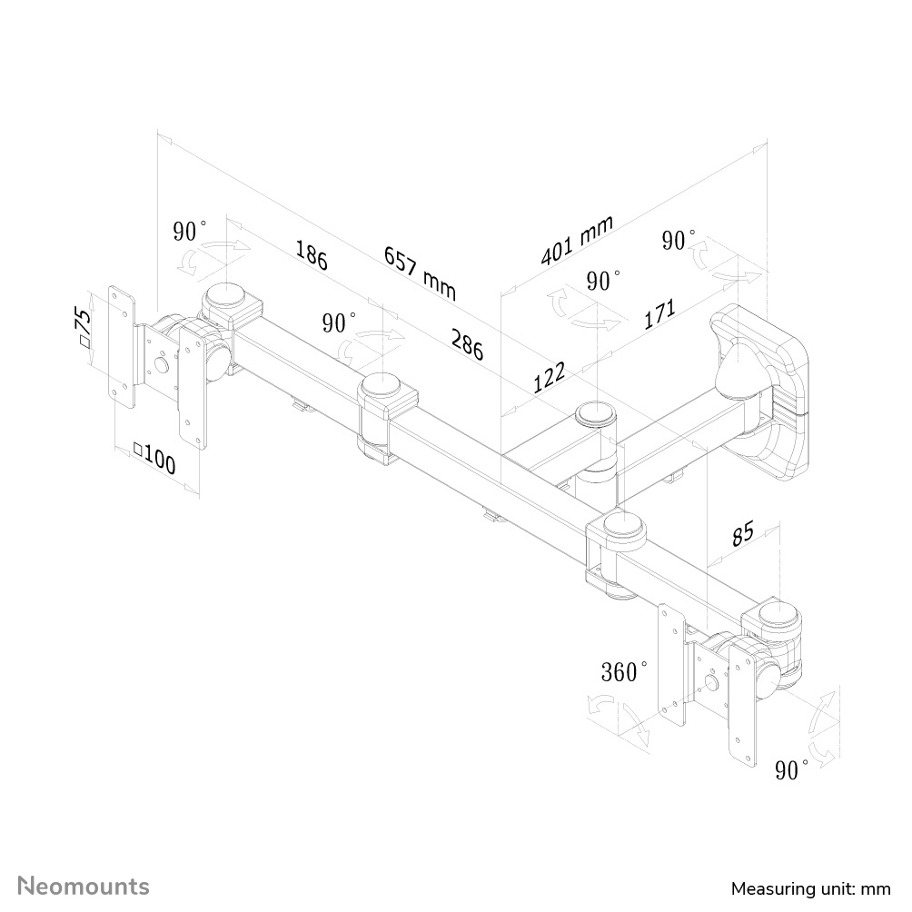 Dessin technique d'un bras de moniteur avec dimensions et angles.