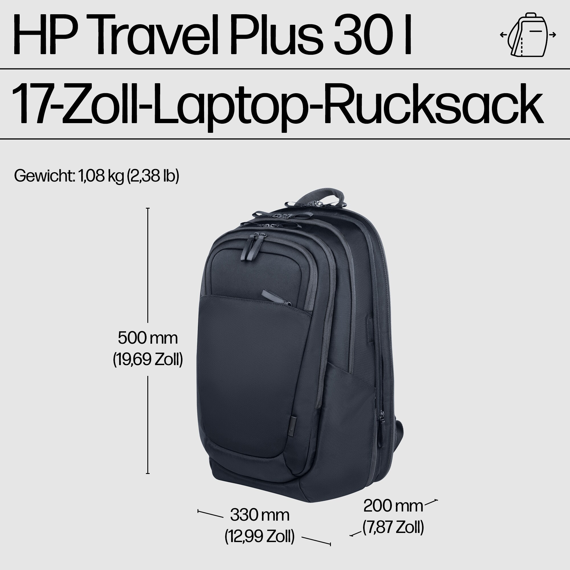 Zaino blu scuro per laptop HP con dimensioni e peso.