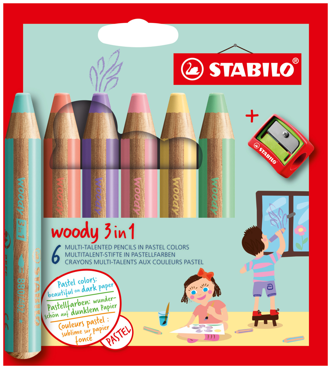 Matite Stabilo Woody 3 in 1 colori pastello con temperino e bambini che disegnano.