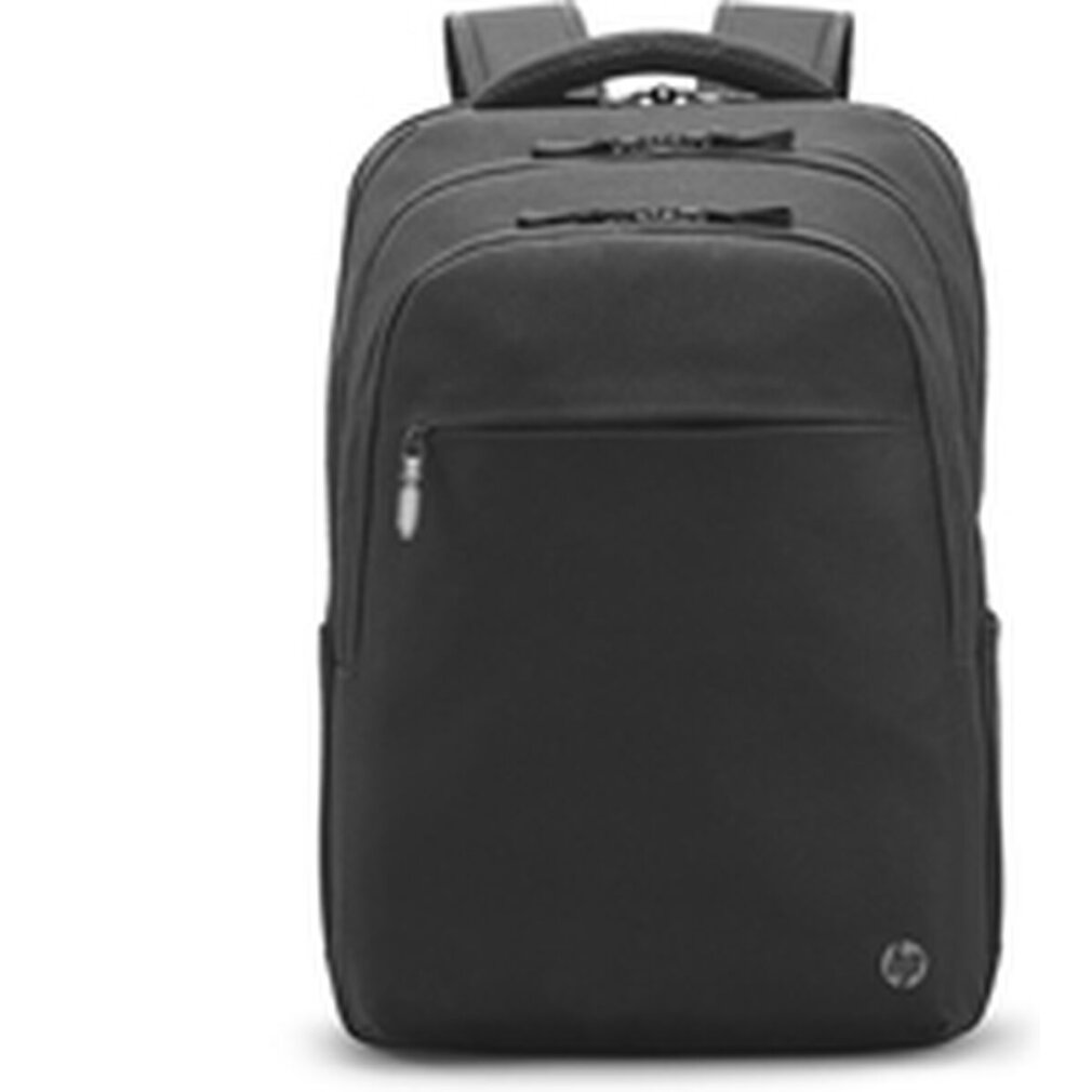 Una mochila negra con dos bolsillos con cremallera y un logo de HP.