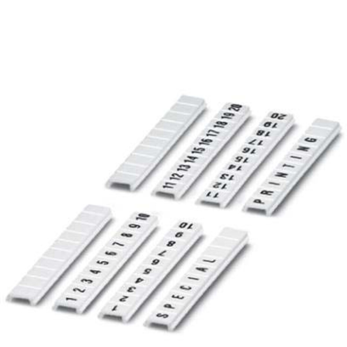 Strisce etichettate bianche con numeri e testo neri su sfondo bianco.