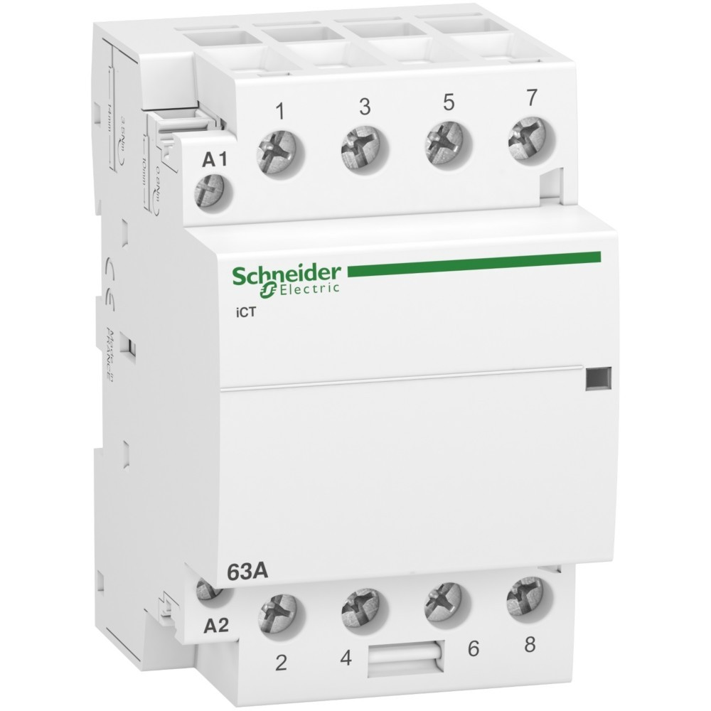 Componente elettrico Schneider Electric ICT 63A bianco con morsetti a vite etichettati 1-8 e A1, A2.