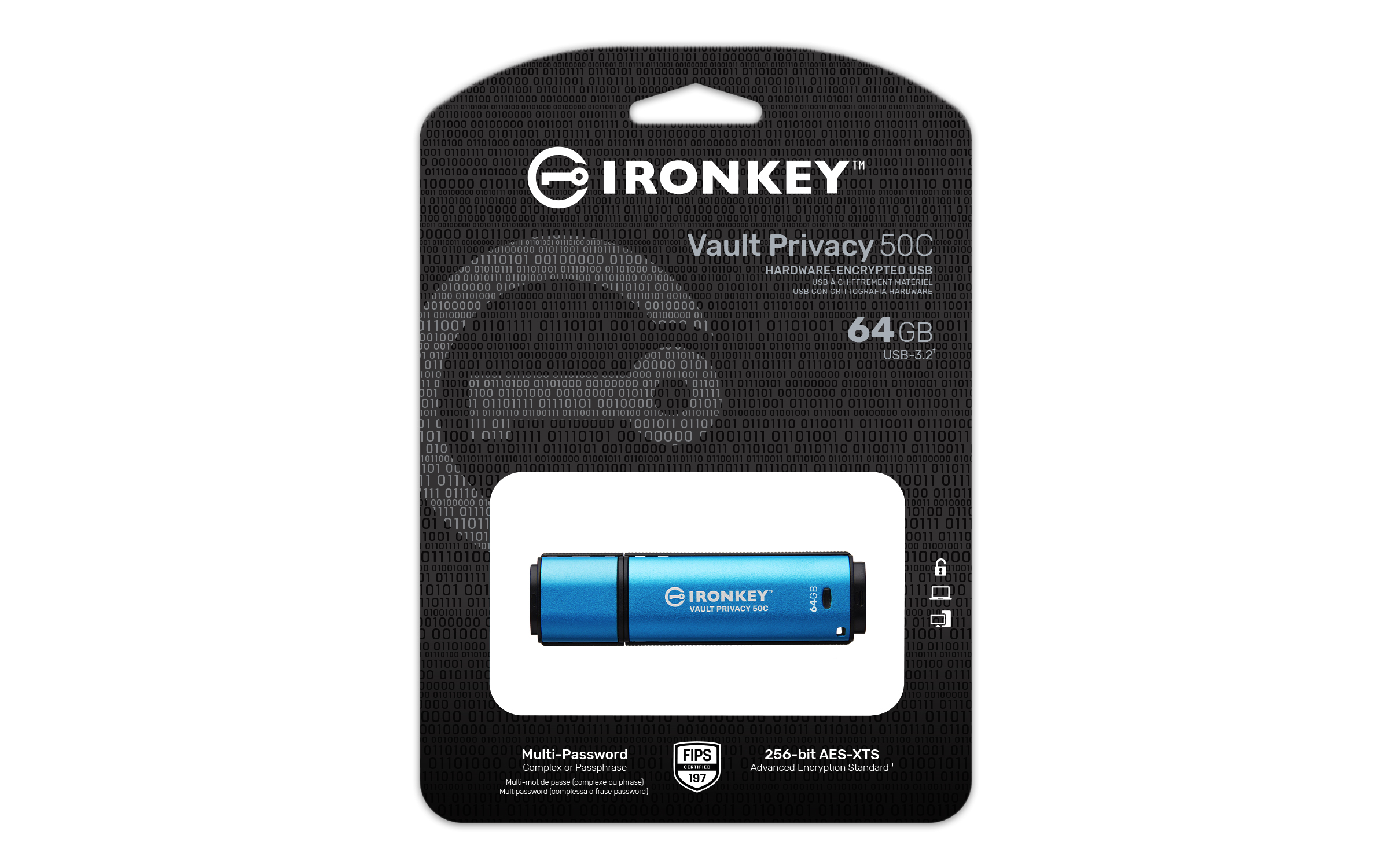 Ein blauer Ironkey USB-Stick mit 64 GB Speicherplatz, beworben für Sicherheit.