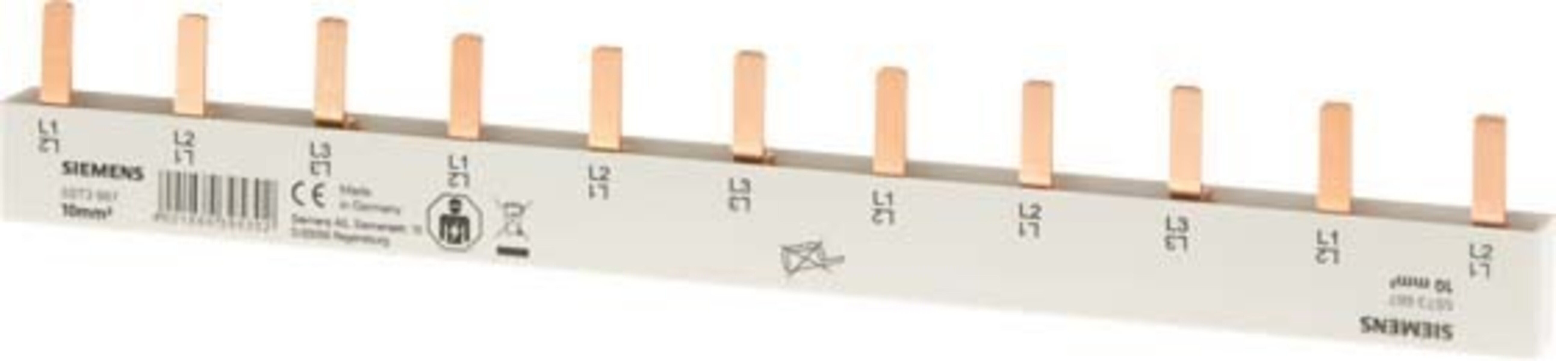 Una barra collettrice bianca con dieci pin di rame ed etichette.