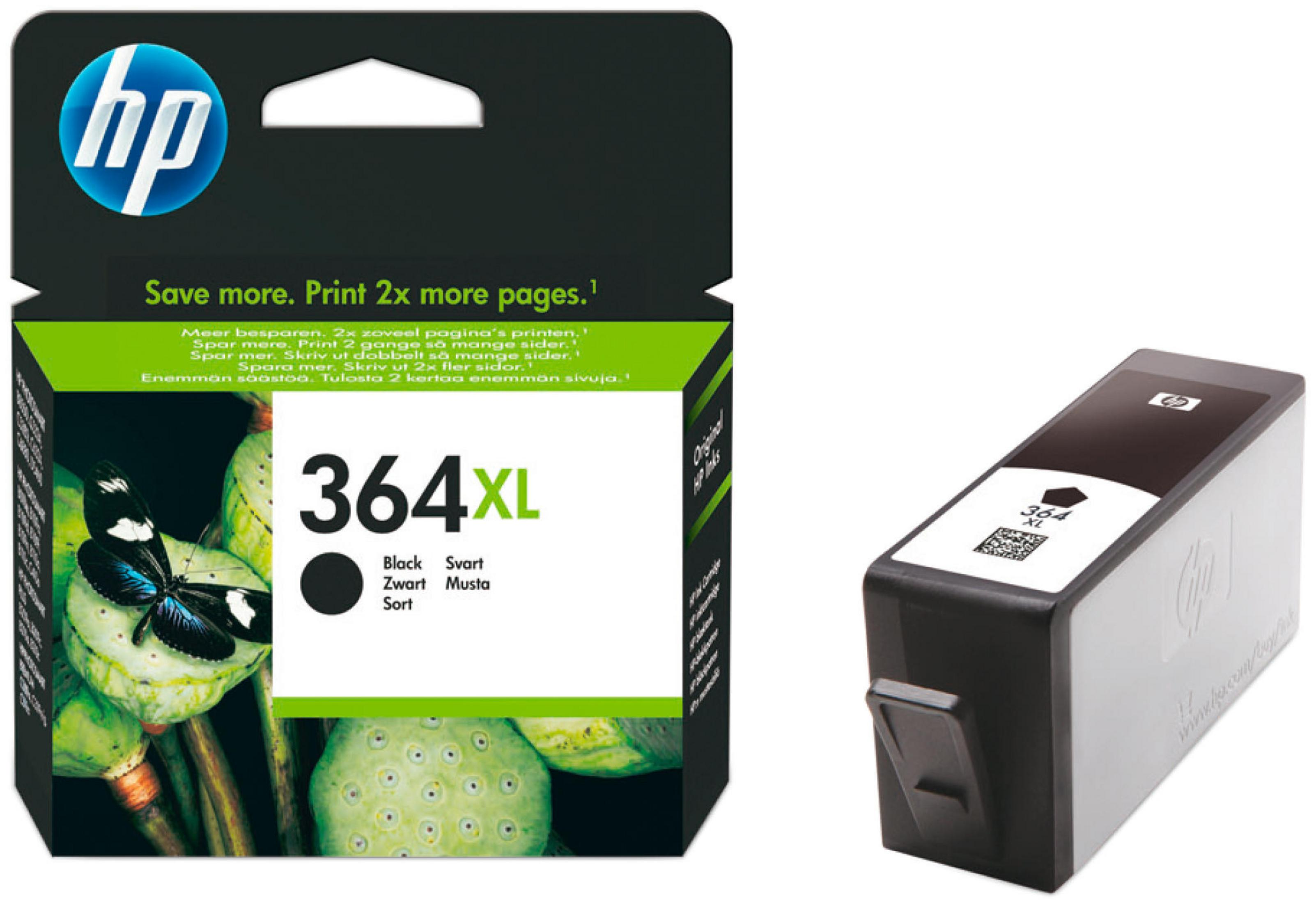 Cartuccia d'inchiostro nero HP 364XL accanto alla sua confezione con farfalla.