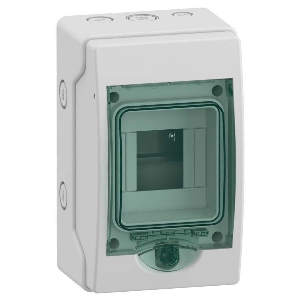 Contenitore elettrico in plastica bianca con porta verde trasparente e scomparti interni.