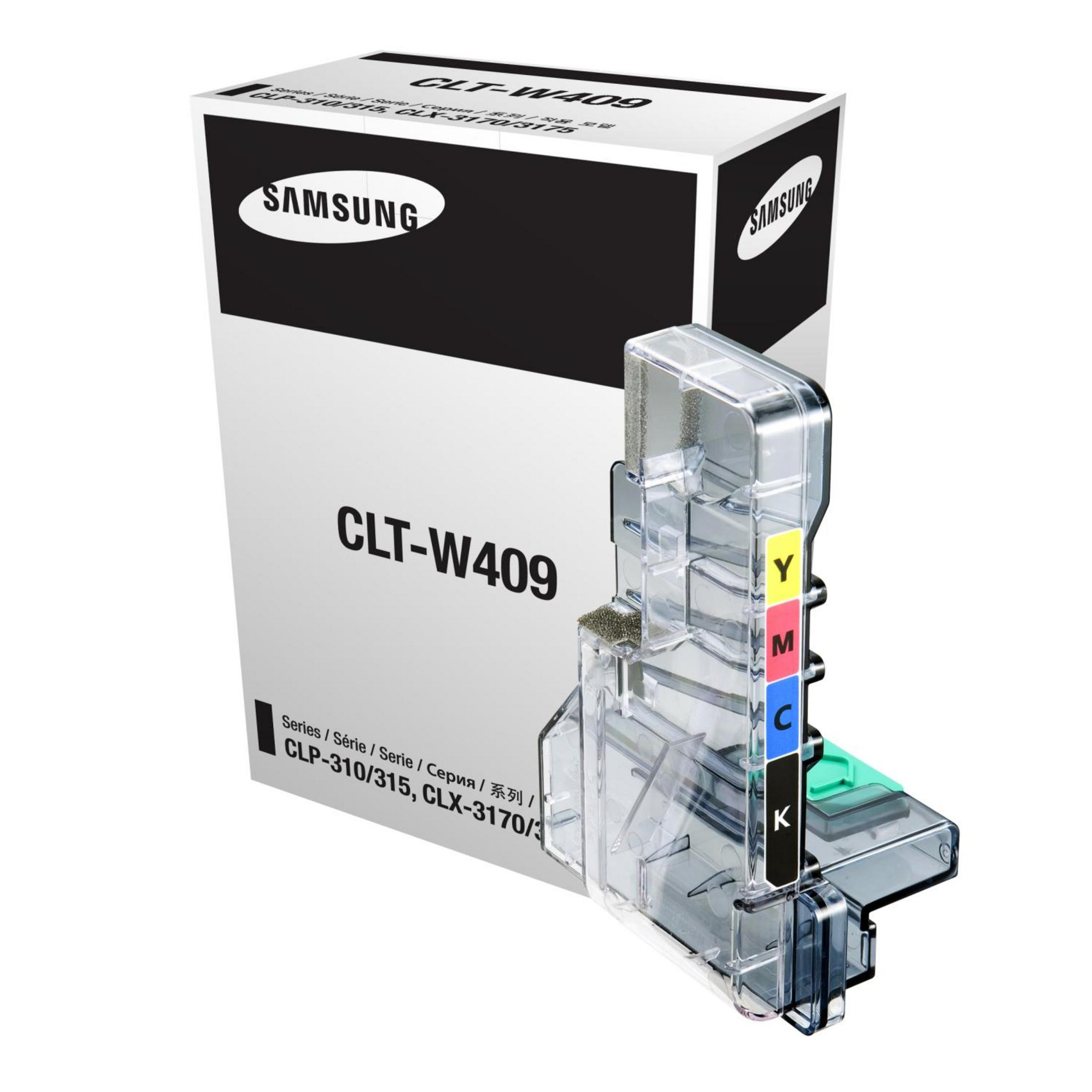 Cartuccia toner Samsung CLT-W409 con etichette colore YMCK su sfondo bianco.