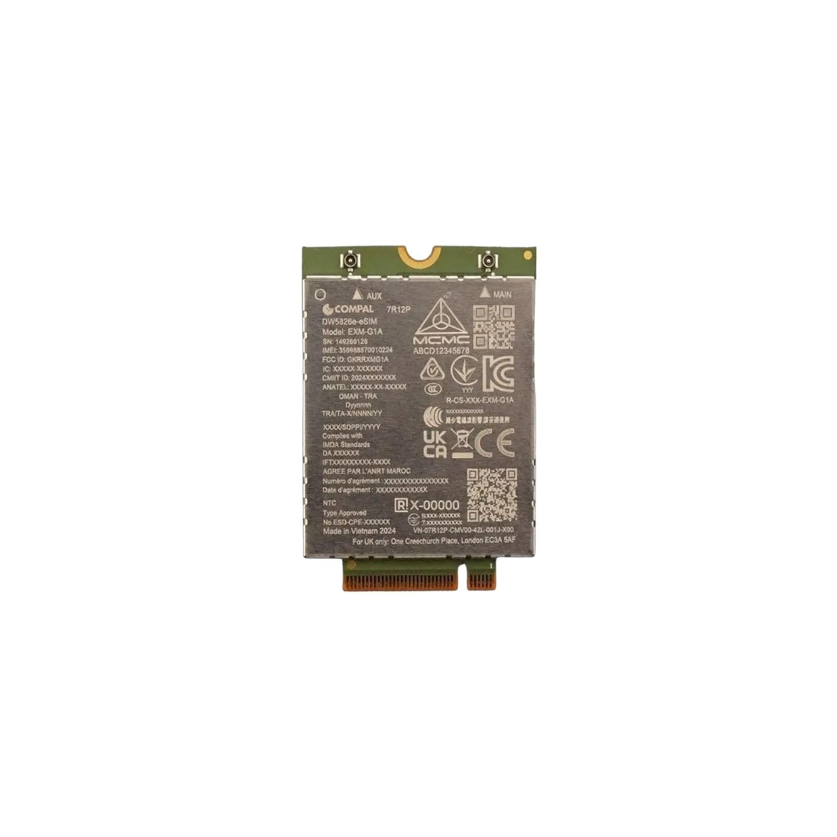 Un modulo WLAN COMPAL DW5826e-SIM con vari marchi di certificazione e numeri di modello.