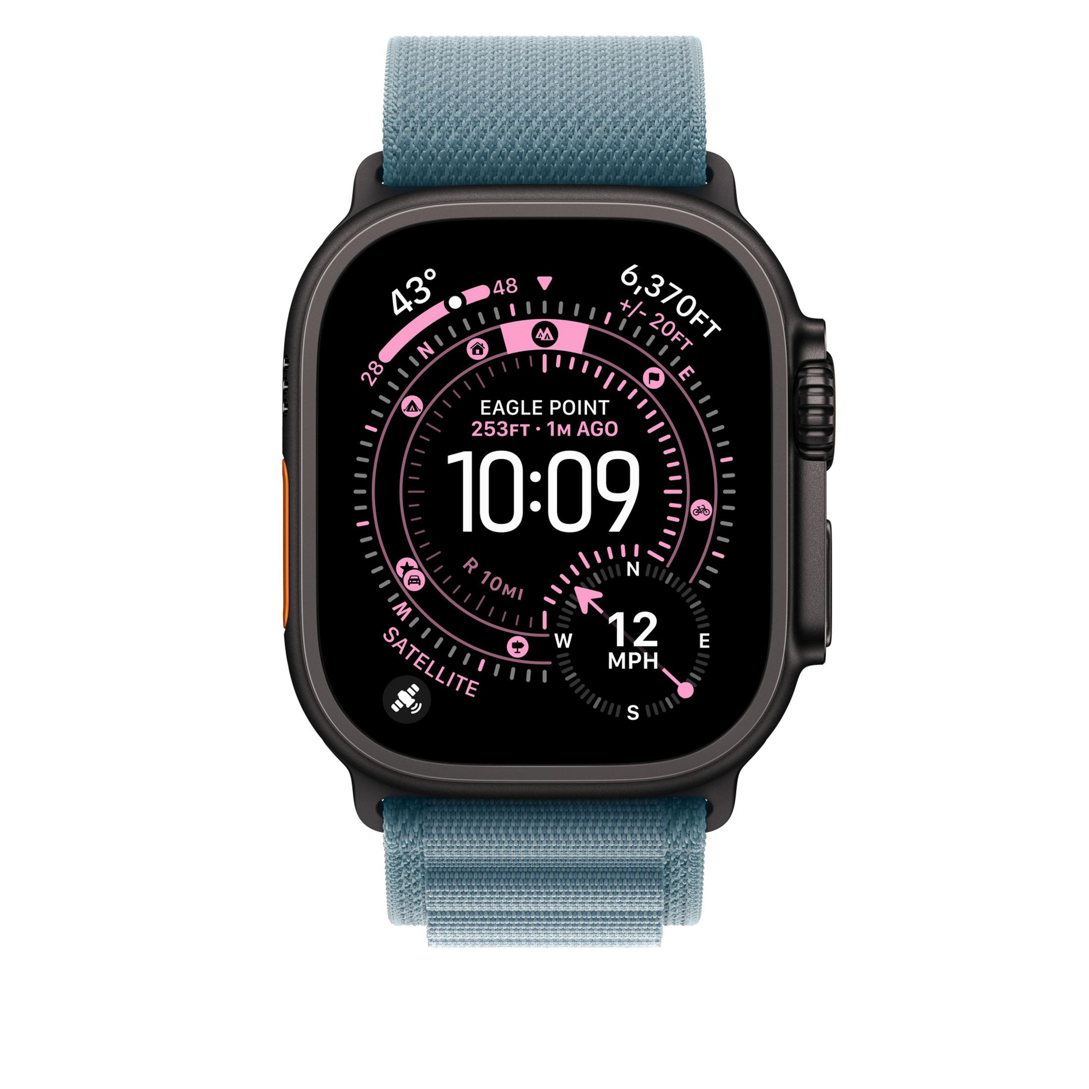 Smartwatch con cinturino blu, mostra 10:09, 43°, 12 MPH, altitudine e bussola.