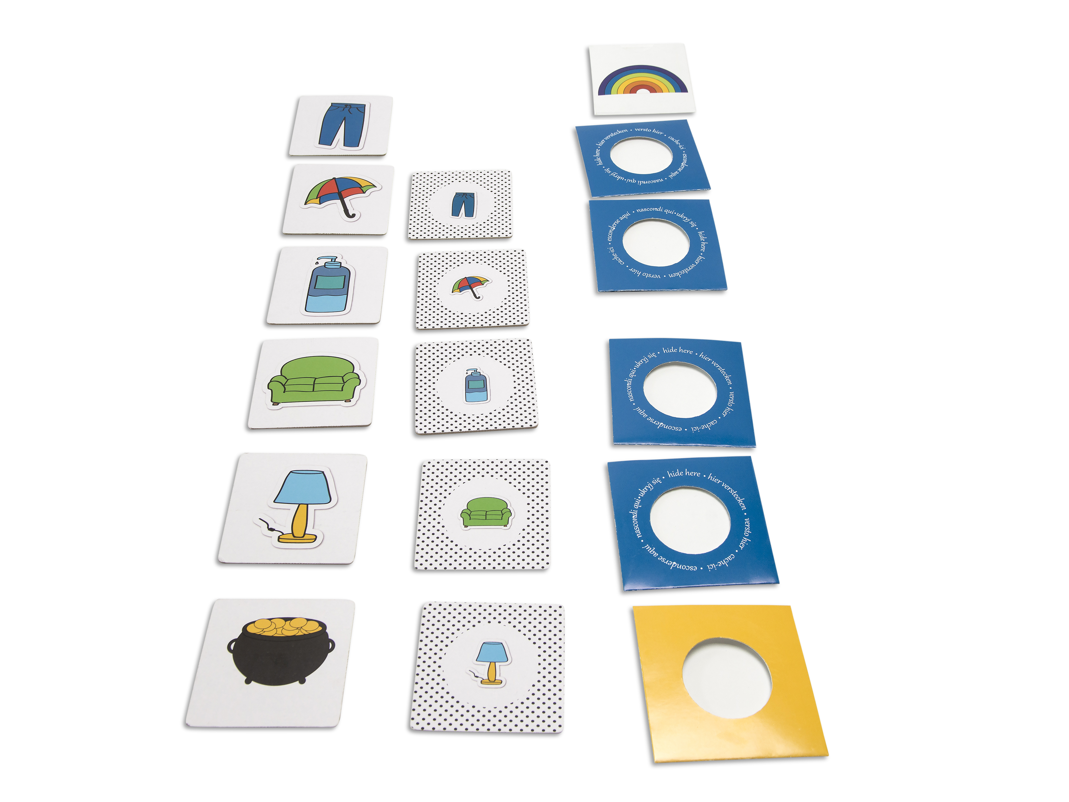Immagini di vestiti, ombrello, dispenser di sapone, divano, lampada e pentola d'oro.
